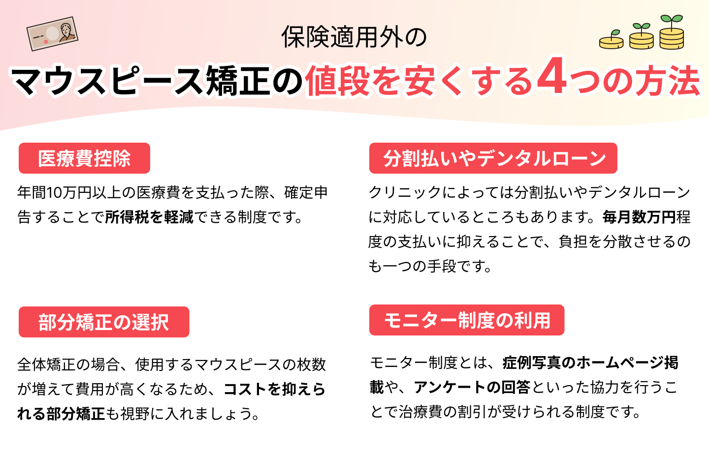 保険適用外のマウスピース矯正の値段を安くする方法4つ